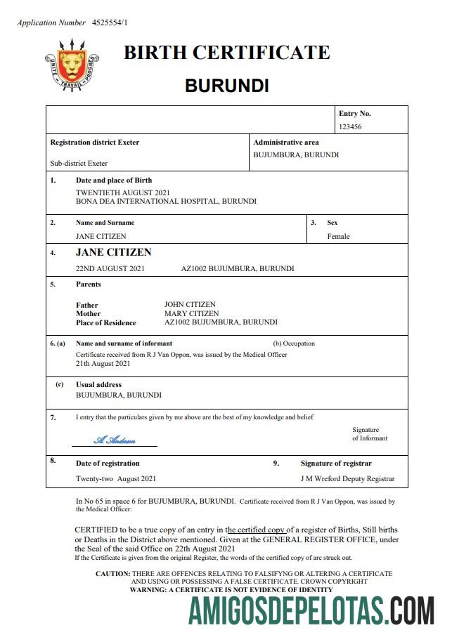 Em branco modelo Word e PDF de certidão de nascimento de registro vital de Burundi